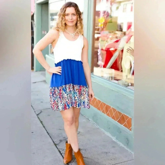 Beeson River Dress Ivory Color Block Royal Blue Floral Accent Sleeveless (S-XL) - Picture 3 of 12